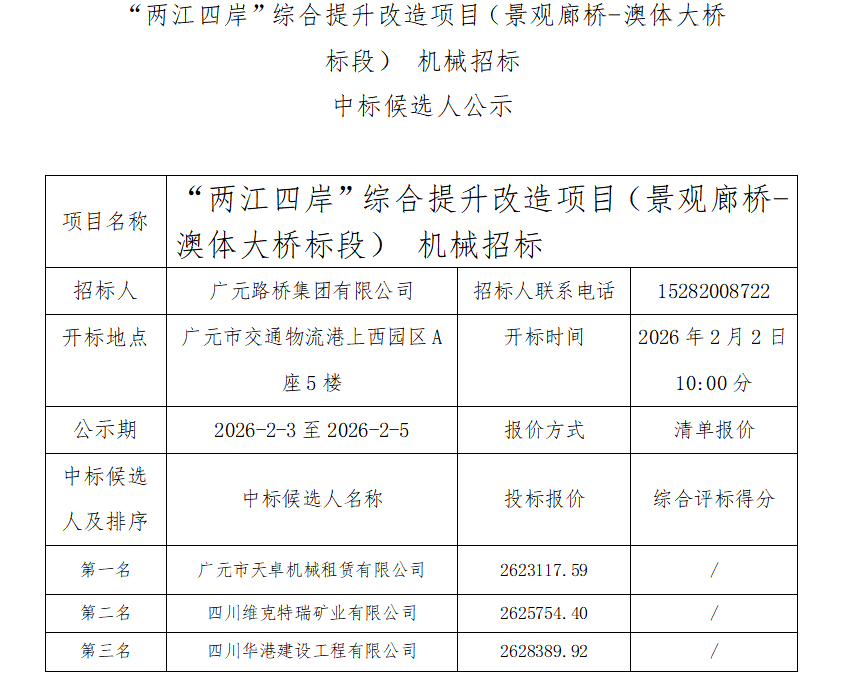“两江四岸”综合提升改造项目（景观廊桥-澳体大桥标段） 机械招标中标候选人公示